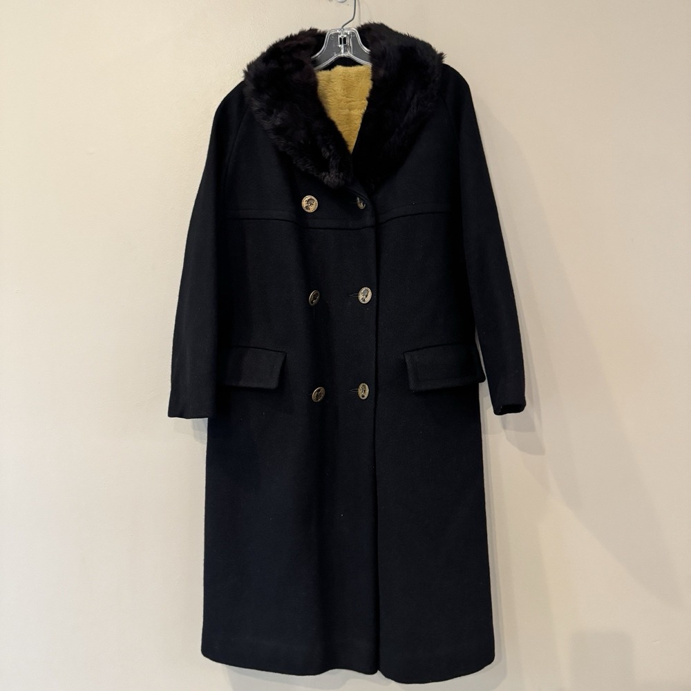 VTG Wool Trench Coat Women M Black Fur Lined & collar Brass Queen Elizabeth Btn - Picture 6 of 10